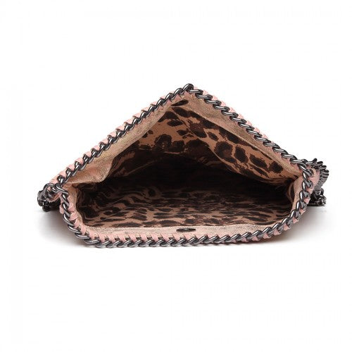 E6843 - Miss Lulu Leather Look Folded Metal Chain Clutch Shoulder Bag - Pink