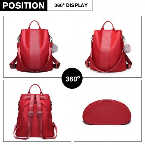 LG1903 - Miss Lulu Two Way Backpack Shoulder Bag with Pom Pom Pendant - Red