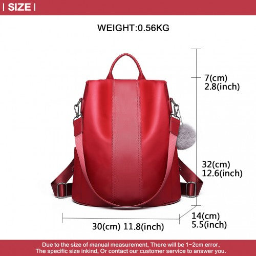 LG1903 - Miss Lulu Two Way Backpack Shoulder Bag with Pom Pom Pendant - Red