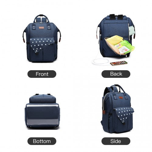 E1945 - KONO POLKA DOT MATERNITY BACKPACK BAG WITH USB CONNECTIVITY - NAVY