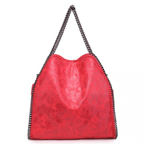 S1760 - Miss Lulu Metallic Effect Chain Tote Bag - Red