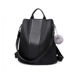 LG1903 - Miss Lulu Two Way Backpack Shoulder Bag with Pom Pom Pendant - Black