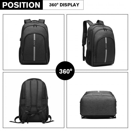 E1972 - Kono Large Backpack with Reflective Stripe and USB Charging Interface - Black