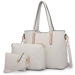 LT6648 - Miss Lulu Three Piece Tote Shoulder Bag And Clutch - White