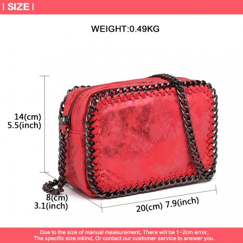 E6846 - Miss Lulu Metallic Effect Leather Look Chain Shoulder Bag - Red