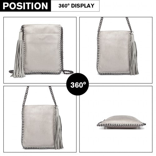 E6845 - Miss Lulu Leather Look Chain Shoulder Bag with Tassel Pendant - Grey