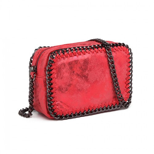 E6846 - Miss Lulu Metallic Effect Leather Look Chain Shoulder Bag - Red