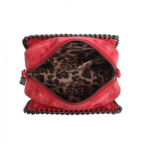 E6846 - Miss Lulu Metallic Effect Leather Look Chain Shoulder Bag - Red