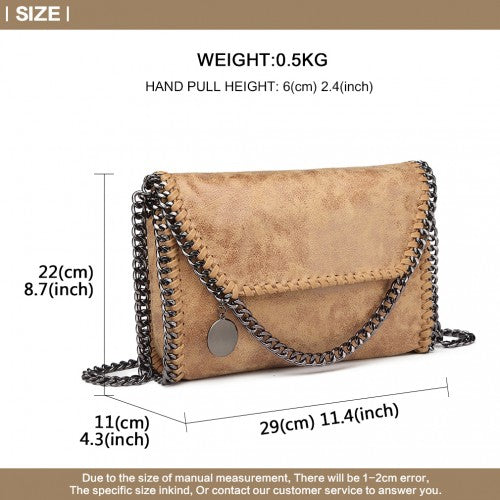 E6844 - Miss Lulu Leather Look Chain Fold-over Shoulder Bag - Apricot