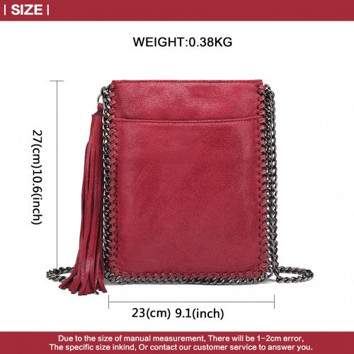 E6845 - Miss Lulu Leather Look Chain Shoulder Bag with Tassel Pendant - Burgundy