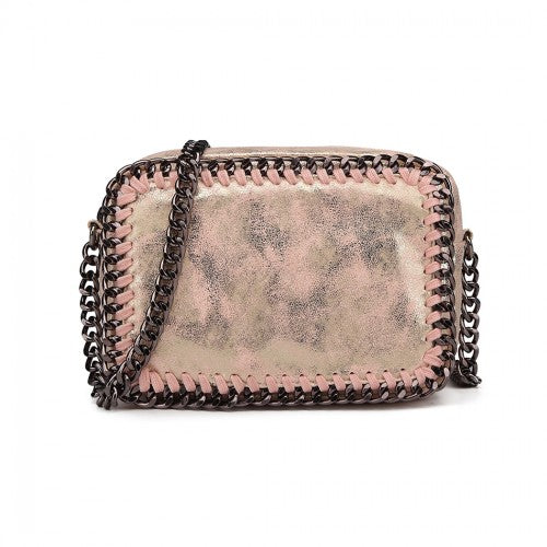 E6846 - Miss Lulu Metallic Effect Leather Look Chain Shoulder Bag - Pink