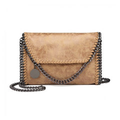 E6844 - Miss Lulu Leather Look Chain Fold-over Shoulder Bag - Apricot