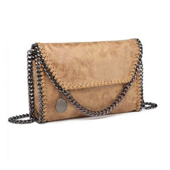 E6844 - Miss Lulu Leather Look Chain Fold-over Shoulder Bag - Apricot