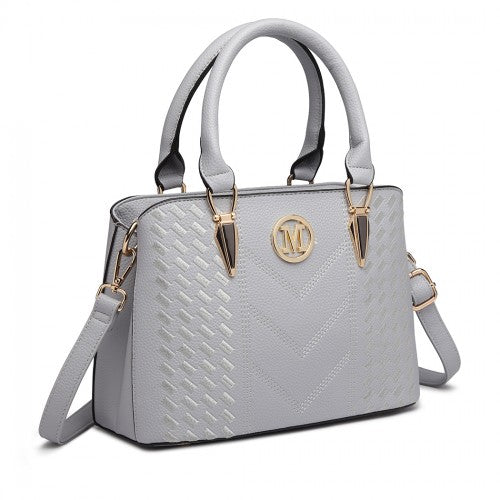 LG6865 - Miss Lulu Leather Look Weave Effect Shoulder Bag - Light Grey