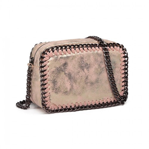 E6846 - Miss Lulu Metallic Effect Leather Look Chain Shoulder Bag - Pink