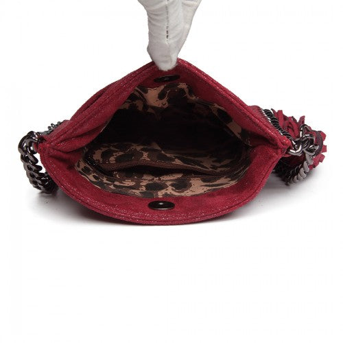 E6845 - Miss Lulu Leather Look Chain Shoulder Bag with Tassel Pendant - Burgundy