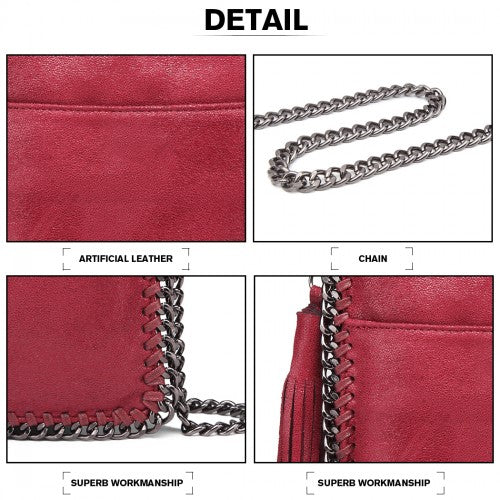 E6845 - Miss Lulu Leather Look Chain Shoulder Bag with Tassel Pendant - Burgundy