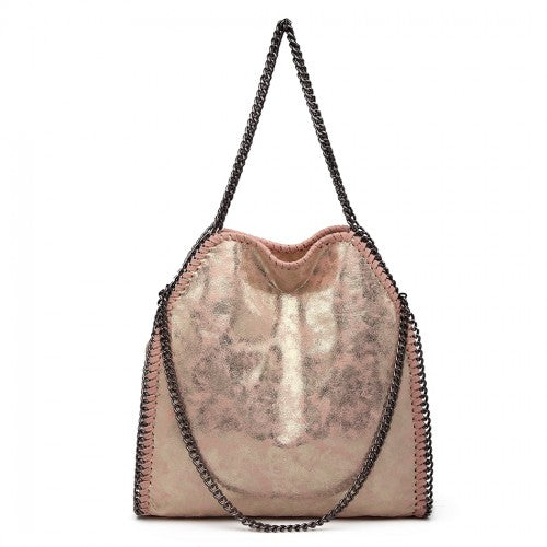 S1760 - Miss Lulu Metallic Effect Chain Tote Bag - Pink