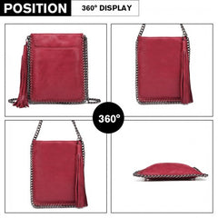 E6845 - Miss Lulu Leather Look Chain Shoulder Bag with Tassel Pendant - Burgundy