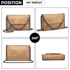 E6844 - Miss Lulu Leather Look Chain Fold-over Shoulder Bag - Apricot