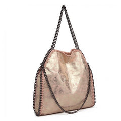 S1760 - Miss Lulu Metallic Effect Chain Tote Bag - Pink