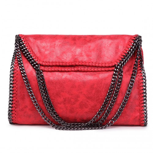 S1760 - Miss Lulu Metallic Effect Chain Tote Bag - Red