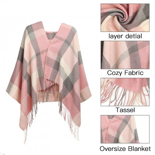 S6430 - Women Fashion Long Shawl Grid Tassel Winter Warm Lattice Large Scarf - Pink