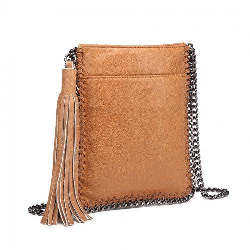 E6845 - Miss Lulu Leather Look Chain Shoulder Bag with Tassel Pendant - Brown