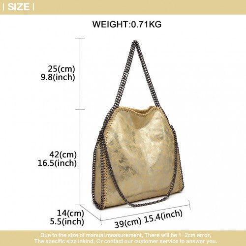 S1760 - Miss Lulu Metallic Effect Chain Tote Bag - Yellow