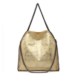 S1760 - Miss Lulu Metallic Effect Chain Tote Bag - Yellow