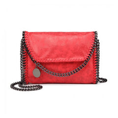 E6844 - Miss Lulu Leather Look Chain Fold-over Shoulder Bag - Red