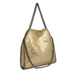 S1760 - Miss Lulu Metallic Effect Chain Tote Bag - Yellow