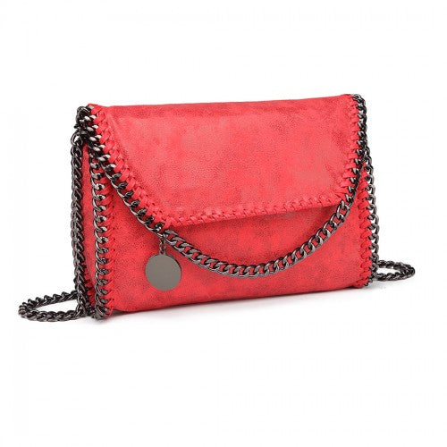 E6844 - Miss Lulu Leather Look Chain Fold-over Shoulder Bag - Red