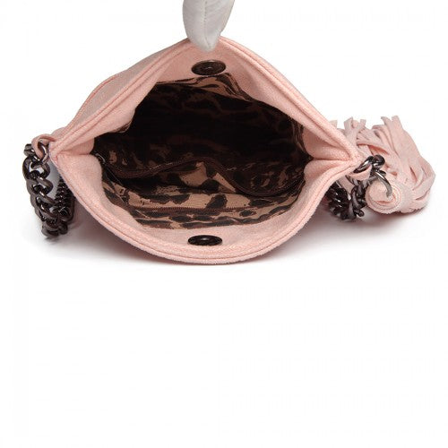 E6845 - Miss Lulu Leather Look Chain Shoulder Bag with Tassel Pendant - Pink