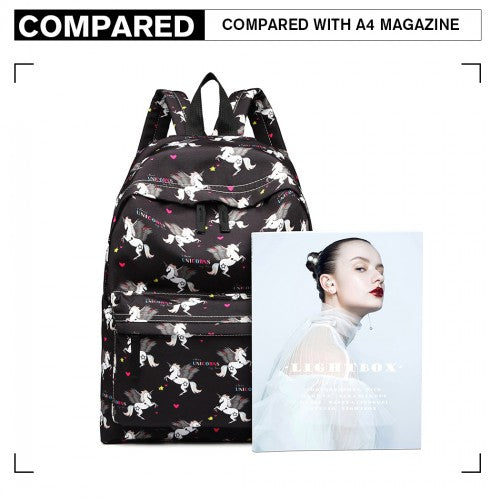 E1401 UN - Miss Lulu Large Backpack Unicorn Print - Black