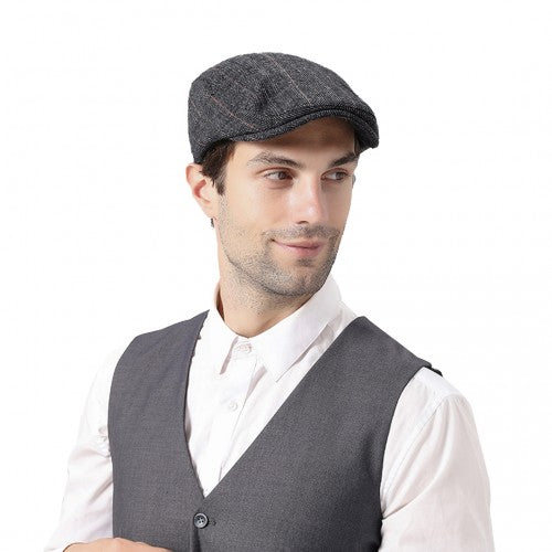 CAP-1 - Men's Newsboy Baker Boy Herringbone Flat Cap Hat - Grey