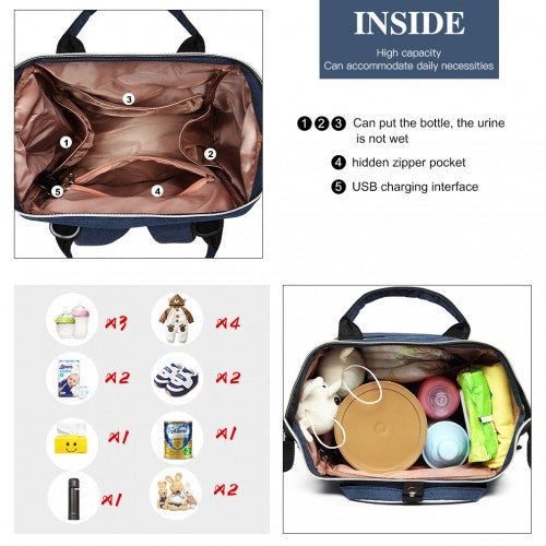 E6705USB - Kono Plain Wide Opening Baby Nappy Changing Backpack With USB Connectivity - Navy