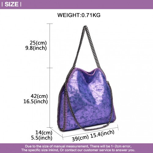 S1760 - Miss Lulu Metallic Effect Chain Tote Bag - Purple