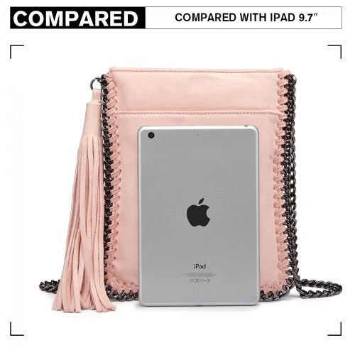 E6845 - Miss Lulu Leather Look Chain Shoulder Bag with Tassel Pendant - Pink