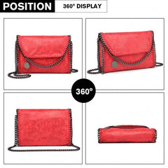 E6844 - Miss Lulu Leather Look Chain Fold-over Shoulder Bag - Red