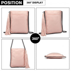 E6845 - Miss Lulu Leather Look Chain Shoulder Bag with Tassel Pendant - Pink