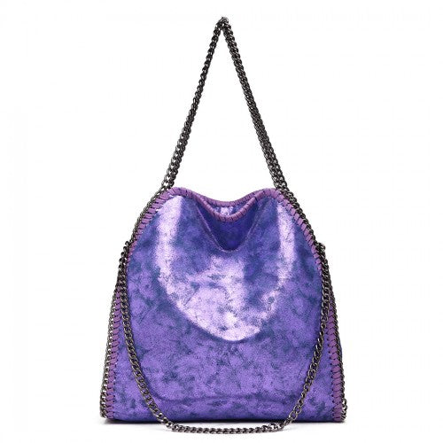 S1760 - Miss Lulu Metallic Effect Chain Tote Bag - Purple