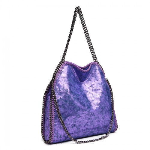 S1760 - Miss Lulu Metallic Effect Chain Tote Bag - Purple