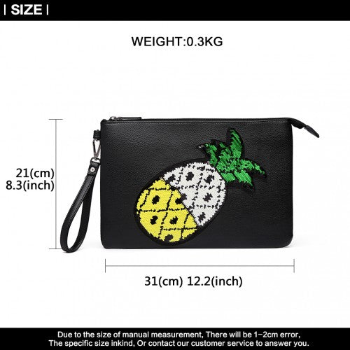 LT6822P-MISS LULU MISS LULU PU LEATHER SEQUIN PINEAPPLE CLUTCH BAG BLACK