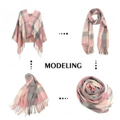 S6430 - Women Fashion Long Shawl Grid Tassel Winter Warm Lattice Large Scarf - Pink