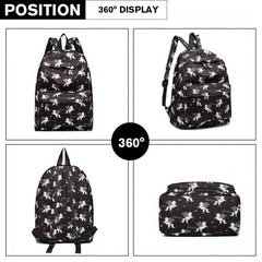 E1401 UN - Miss Lulu Large Backpack Unicorn Print - Black