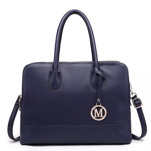 LT1726 - Miss Lulu Textured PU Leather Medium Size Classic Tote Bag Shoulder Bag Navy