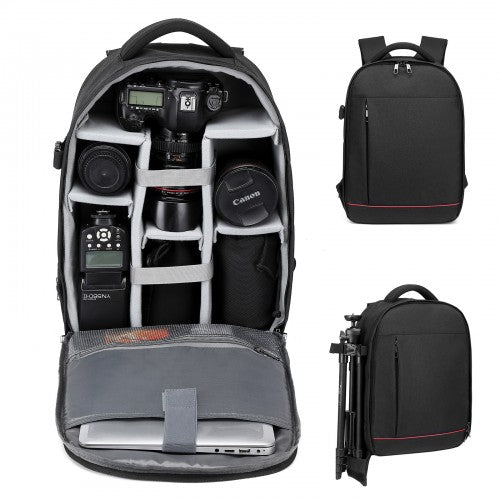 E6928 - Kono Water Resistant Shockproof DSLR Camera Backpack - Black