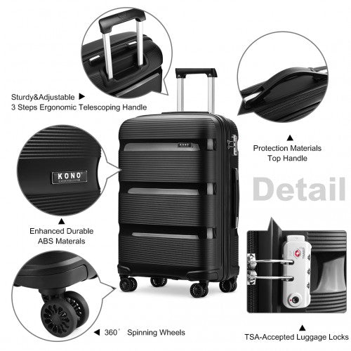 K2092L - Kono 24 Inch Bright Hard Shell PP Suitcase - Classic Collection - Black