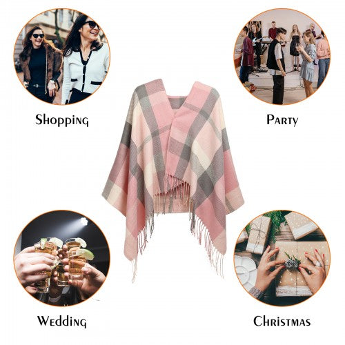 S6430 - Women Fashion Long Shawl Grid Tassel Winter Warm Lattice Large Scarf - Pink